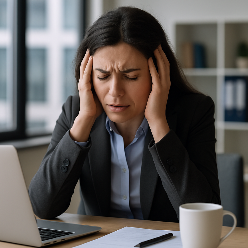A professional woman in a grey blazer sits at a desk with her hands on her temples, looking distressed, surrounded by a laptop, papers, and a coffee mug